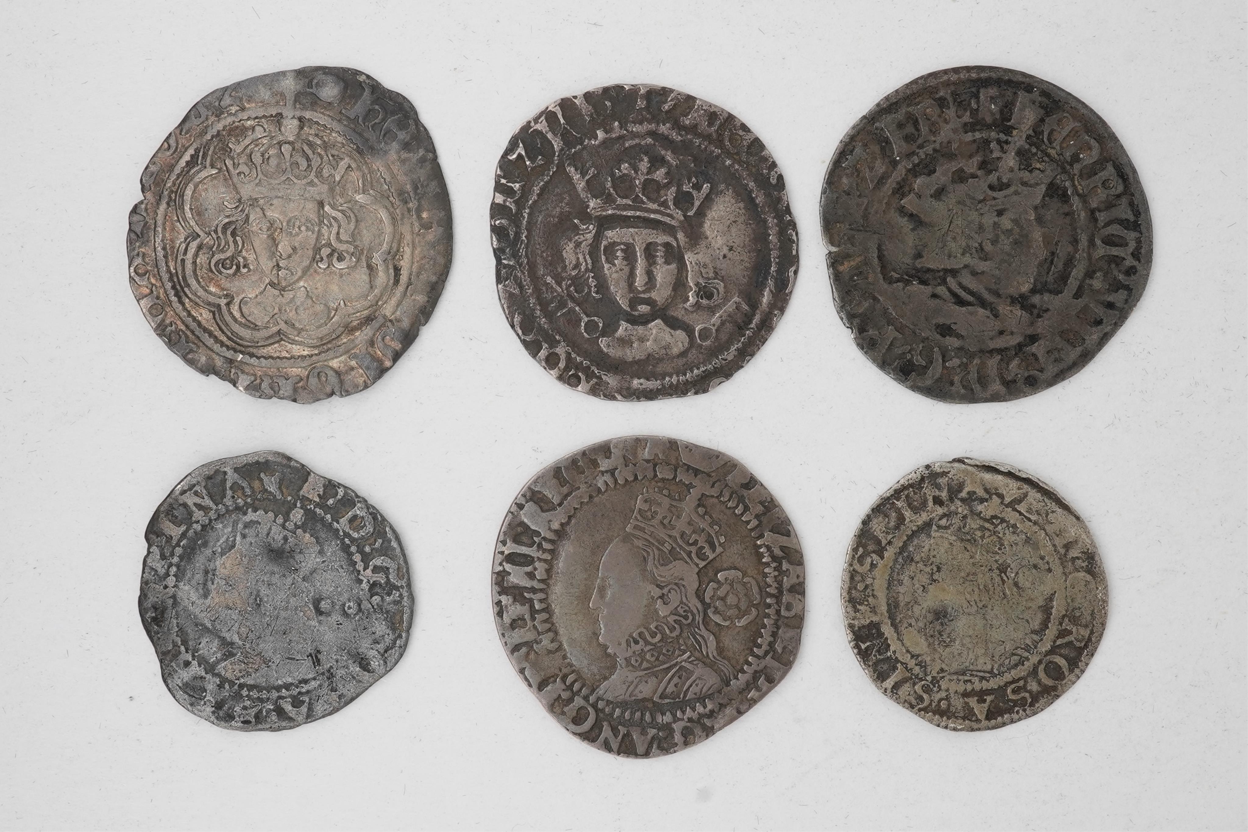 Six British hammered silver coins, House of Tudor, Henry VII (1485-1509), two halfgroats, mm. tun, Canterbury mint?and Archb. Savage, York mint, S. 2214, Henry VIII (1509-47), halfgroat, Elizabeth I (1558-1603), halfgroa